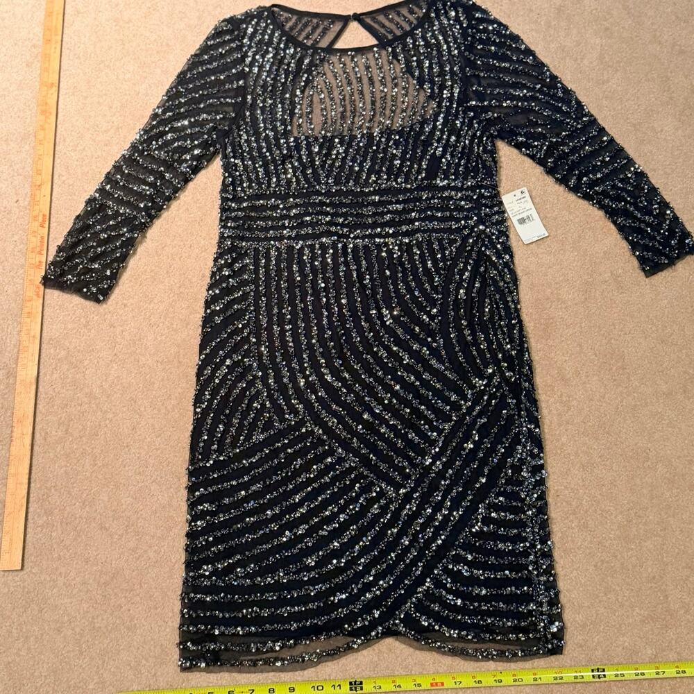 Adrianna Papell Beaded Cocktail Dress Black Sheer Sleeve Formal Evening Size 12
